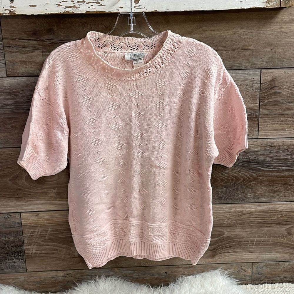 Carriage Court Vintage Ladies Pink Embroiderd Boxy Sweater, Size Medium